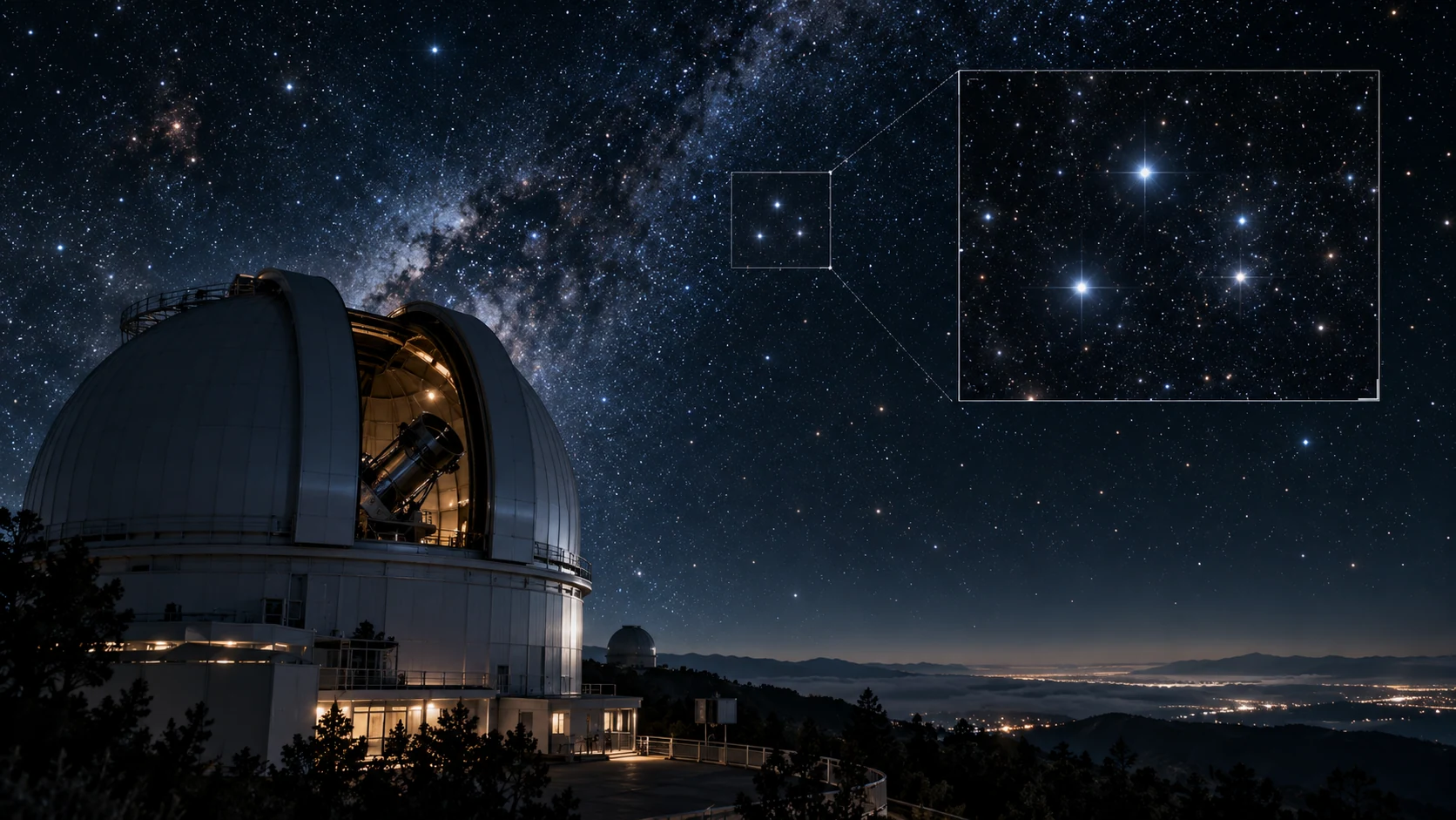 帕洛马天文台与三颗恒星的天体概念图